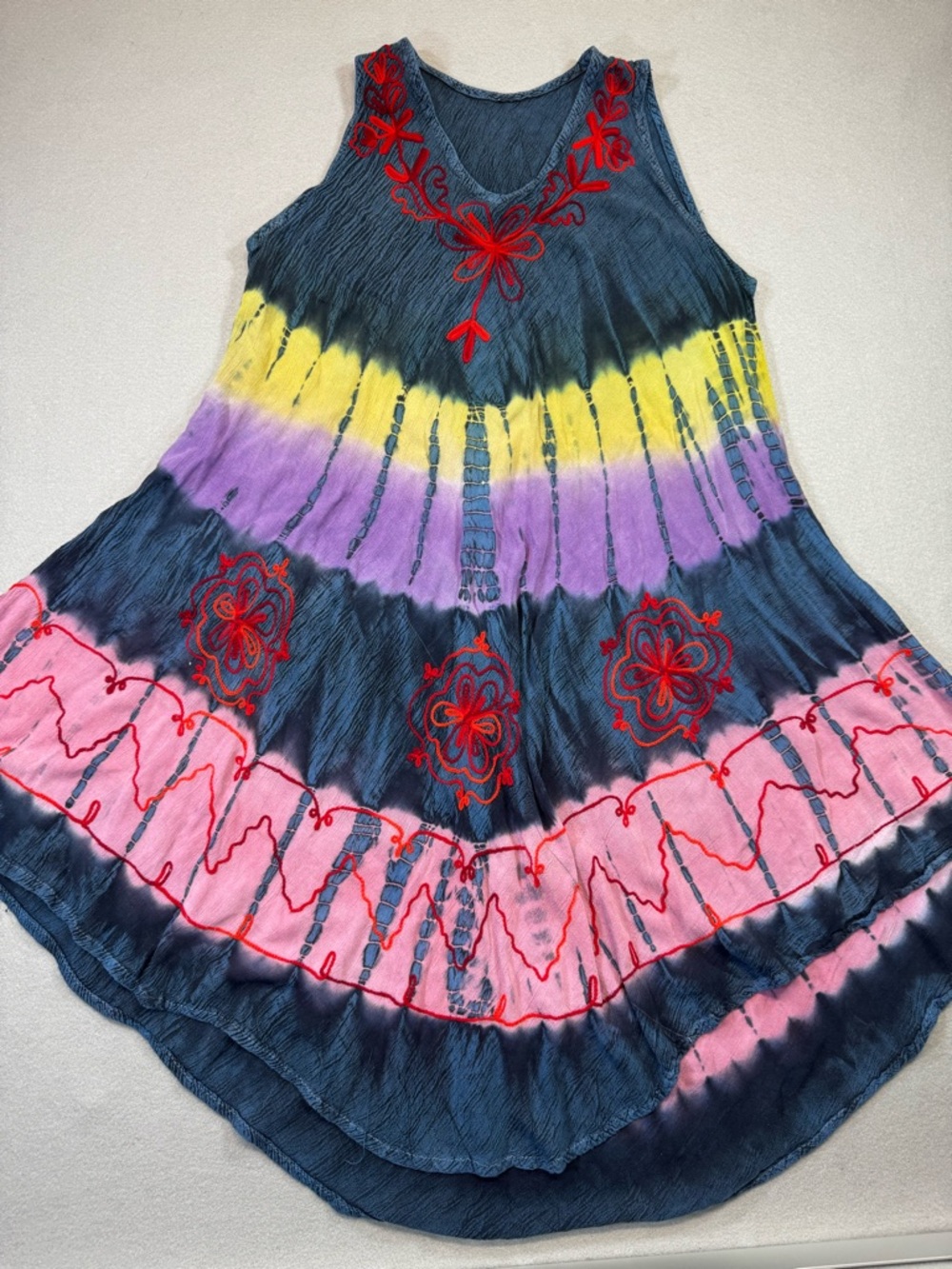 Tie-Dye Embroidered Women’s Sundress in Navy, Pink & Yellow
